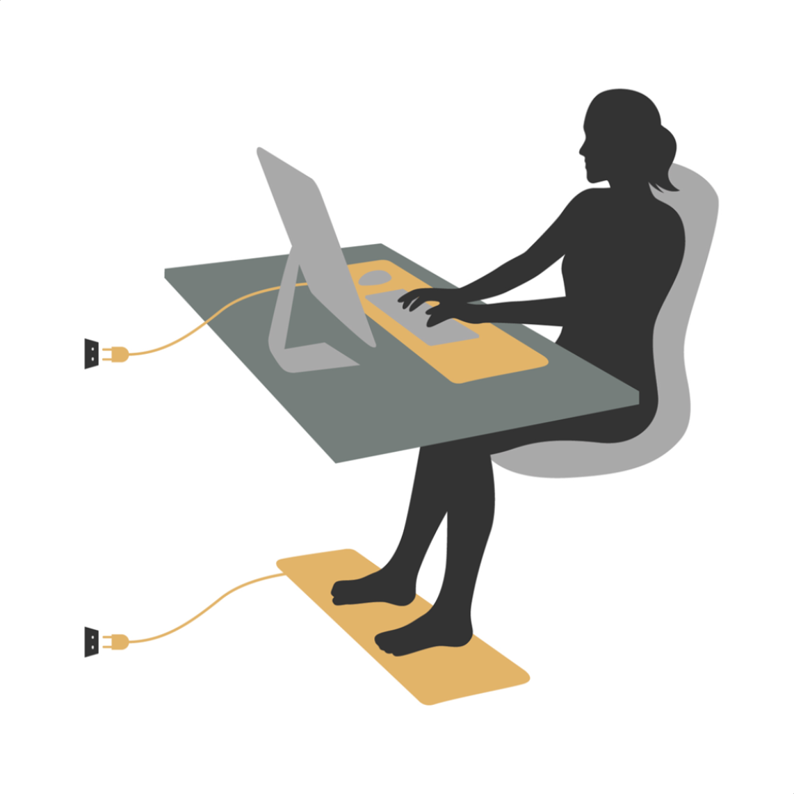 Illustration einer Person am Schreibtisch mit einer geerdeten Matte unter den Händen und einer zweiten unter den Füßen