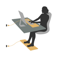 Illustration einer Person am Schreibtisch mit einer geerdeten Matte unter den Händen und einer zweiten unter den Füßen