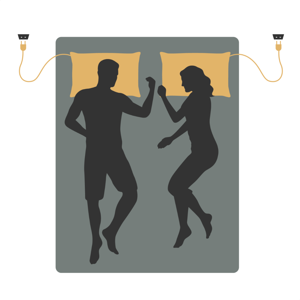 Illustration von zwei Personen im Bett, jeweils mit einem geerdeten Kissenbezug an der Steckdose