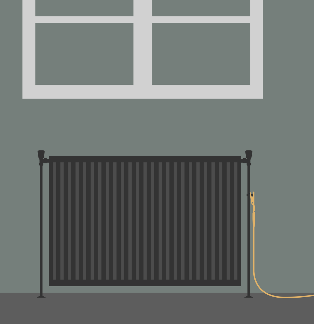 Illustration eines Heizkörpers mit angeschlossener Erdungsklemme und Kabel in den Raum