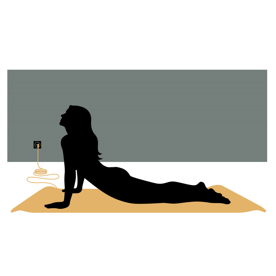 Illustration einer Person, die auf einer geerdeten Yogamatte trainiert, mit dem Kabel zur Steckdose